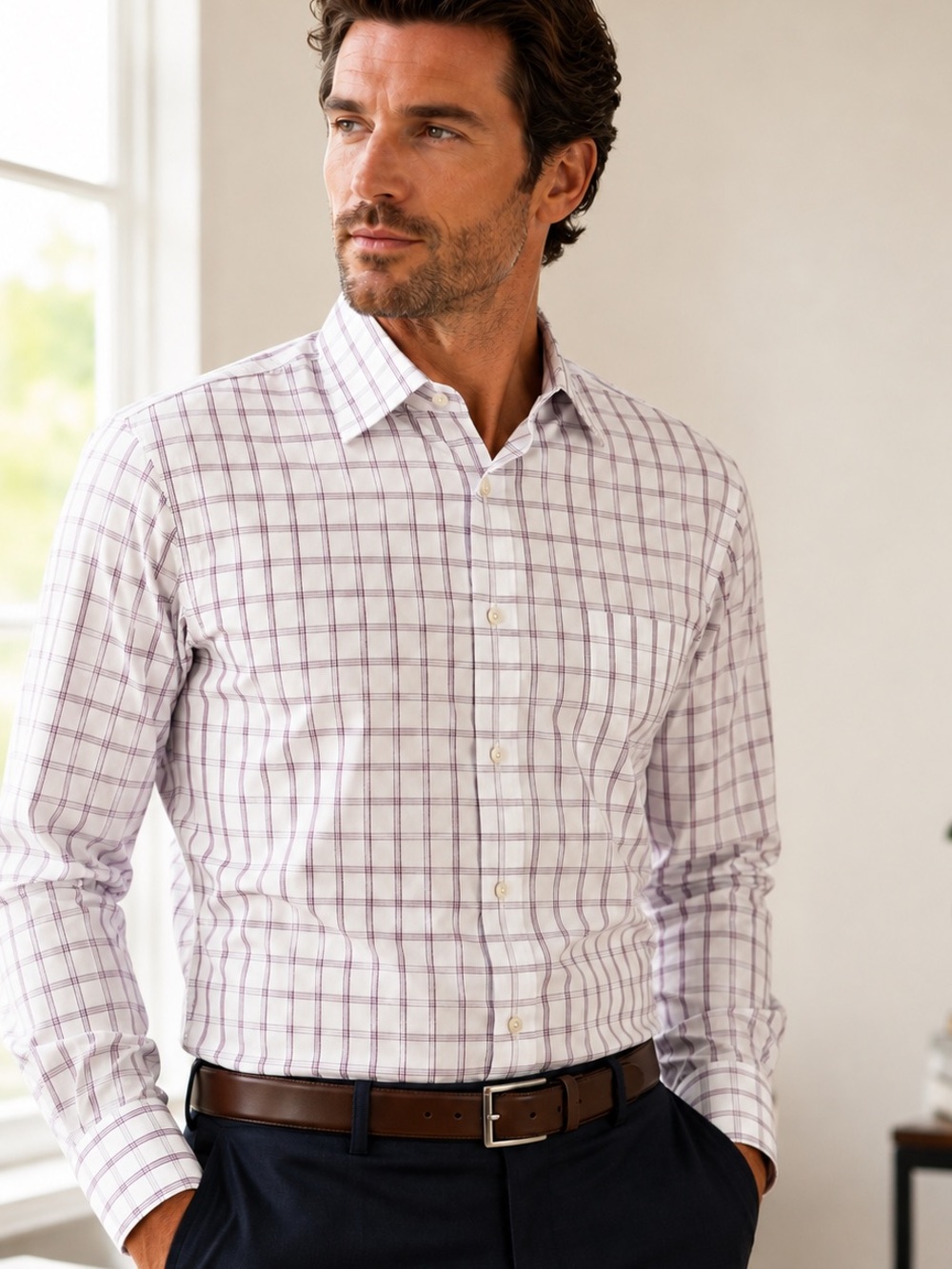 Paul Fredrick Mens 17.5 35 Non Iron 2 Ply Cotton Plaid Dress Shirt